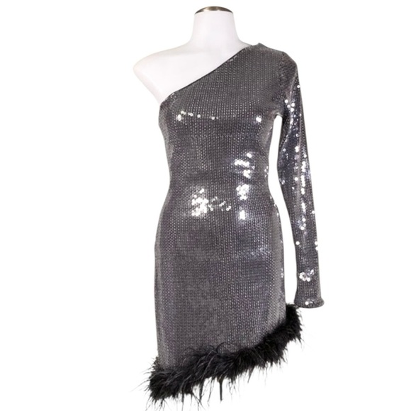 Superdown Revolve Sequin Cecilia One Shoulder Mini Dress Silver Black Size S - Picture 7 of 13